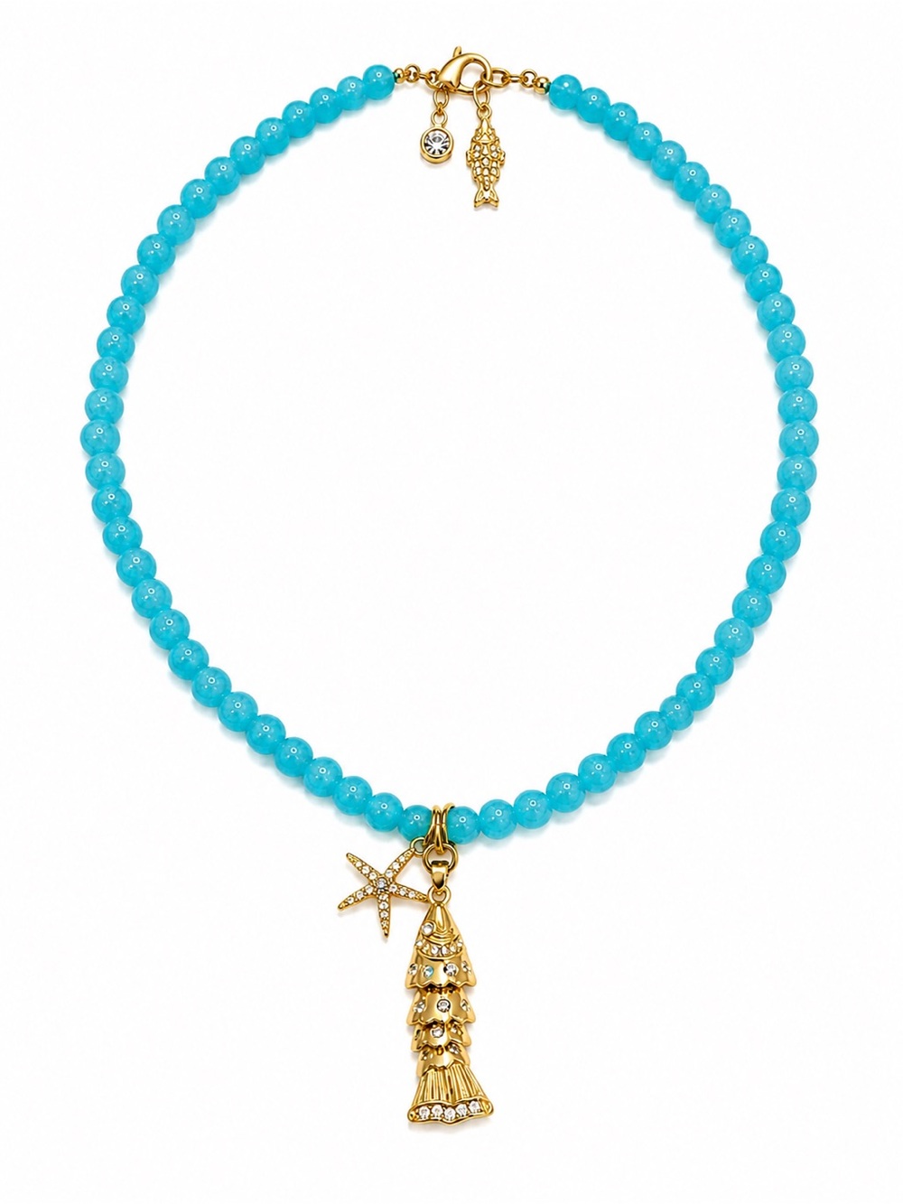 Turquoise Natural Stone Beaded Necklace with Gold Fish & Starfish Charms 💙✨🐟